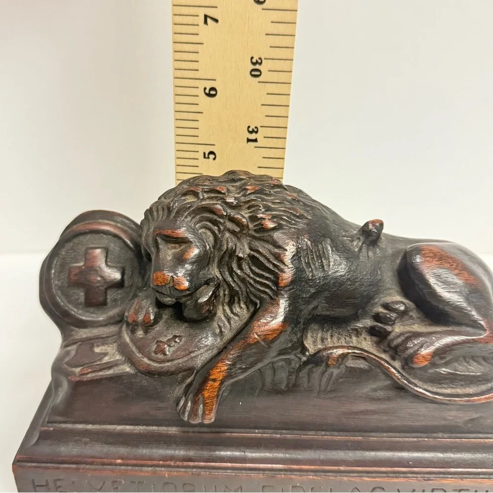 Vintage Mahogany Lion of Lucerne Set of Bookends 